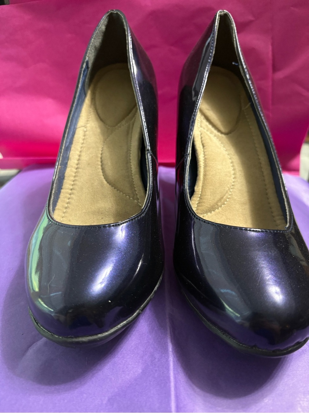 Women’s Shiny Dark purple black Round-Toe Heels